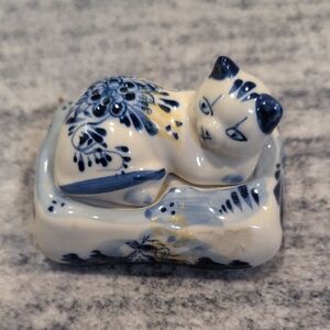 Blue and White Ceramic Cat Figurine